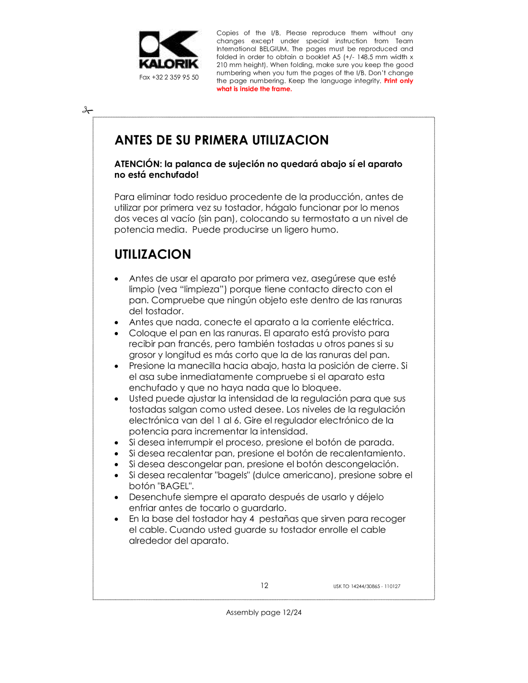 Kalorik 30865, 14244, 35481 manual Antes DE SU Primera Utilizacion, Assembly page 12/24 