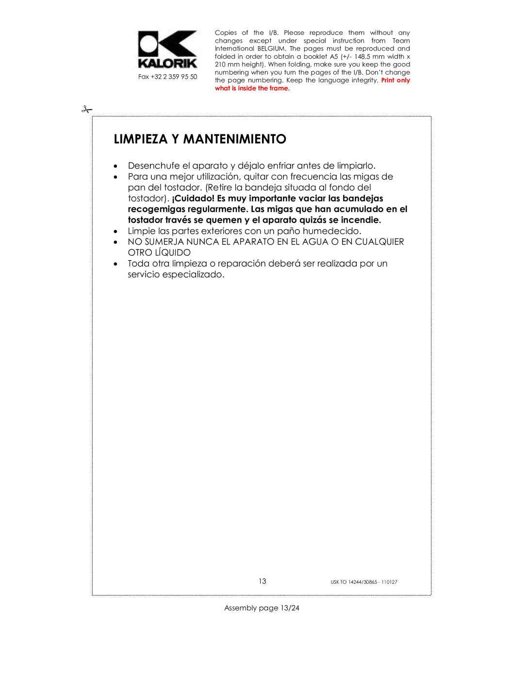 Kalorik 14244, 30865, 35481 manual Limpieza Y Mantenimiento, Assembly page 13/24 