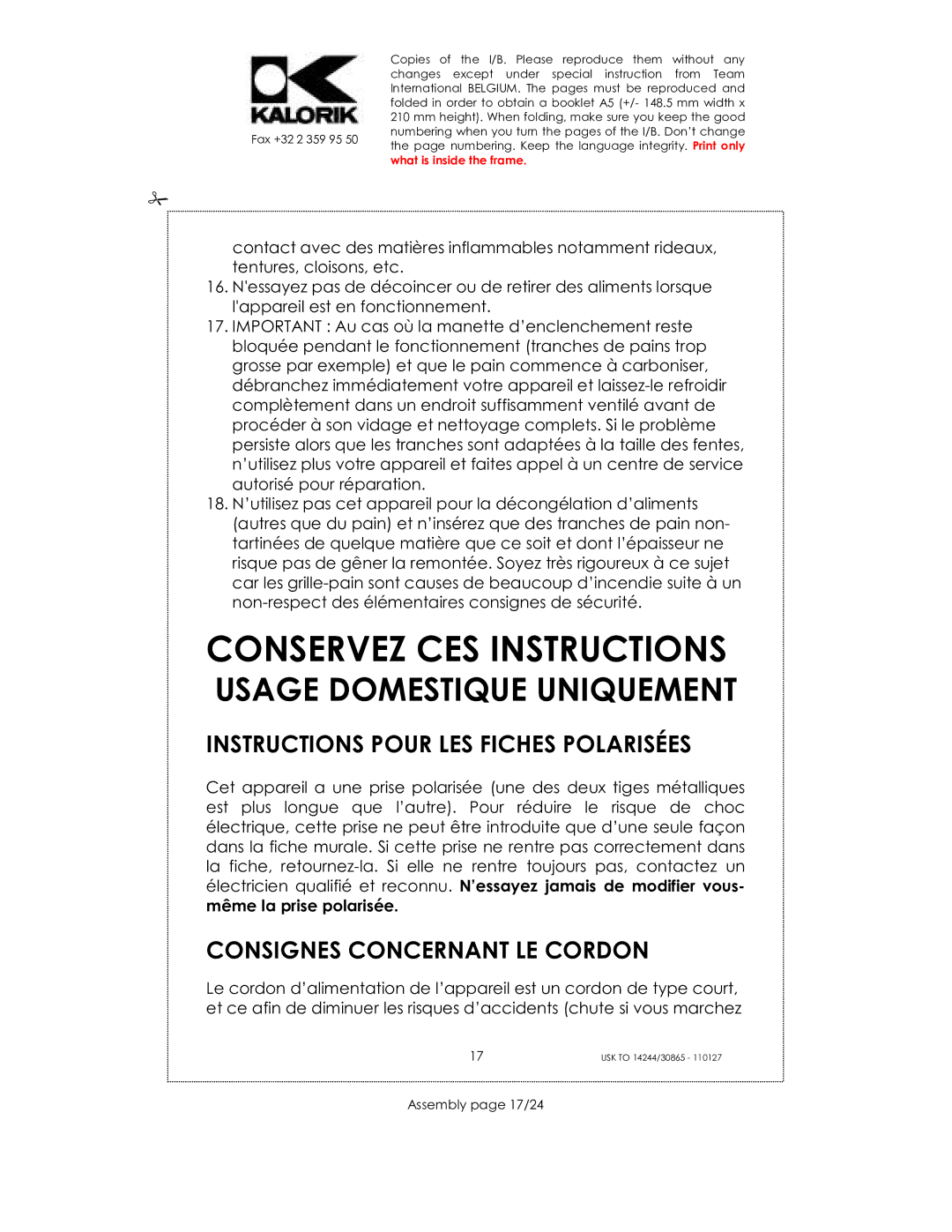 Kalorik 35481, 30865 Conservez CES Instructions, Instructions Pour LES Fiches Polarisées, Consignes Concernant LE Cordon 