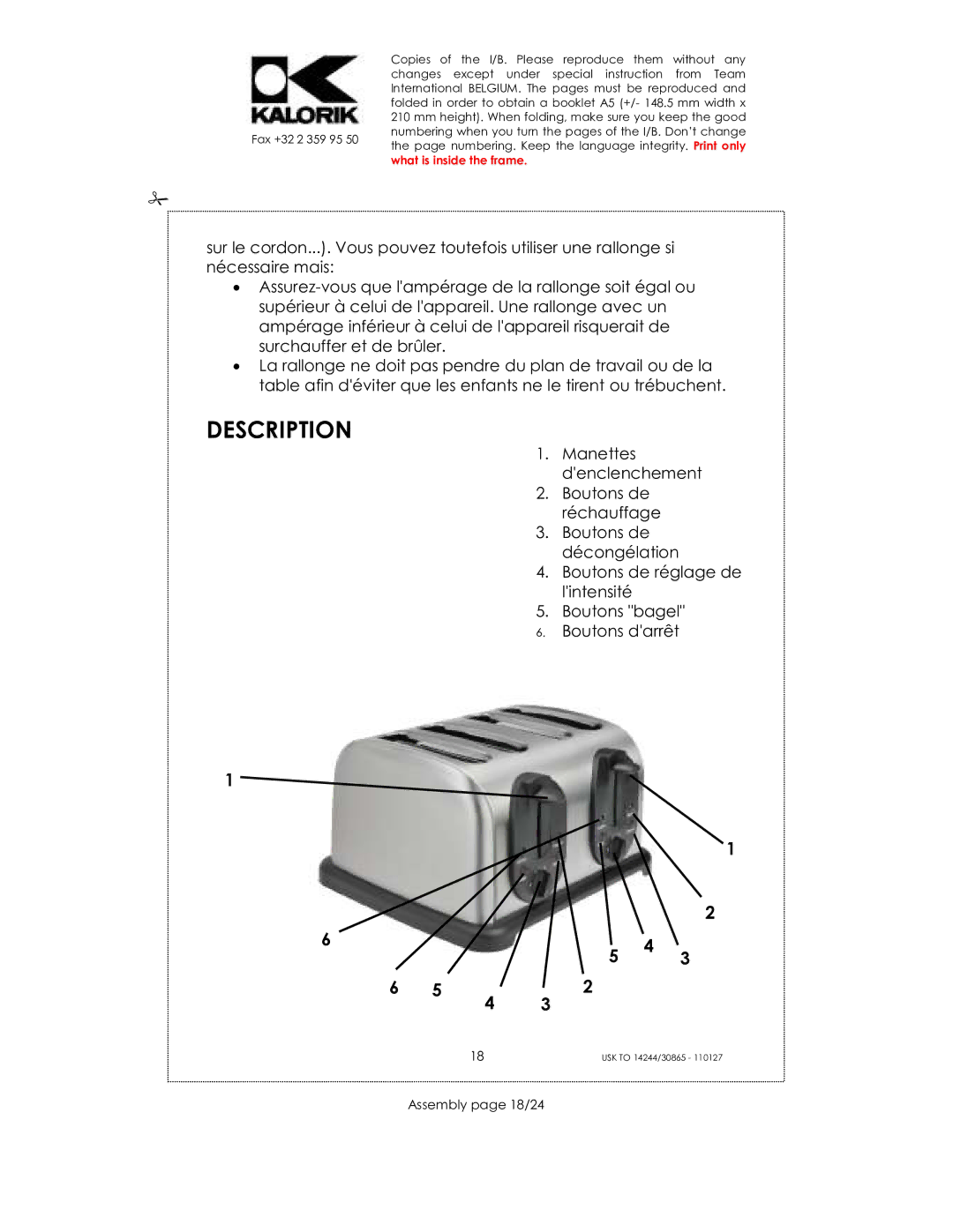 Kalorik 30865, 14244, 35481 manual Description, Assembly page 18/24 