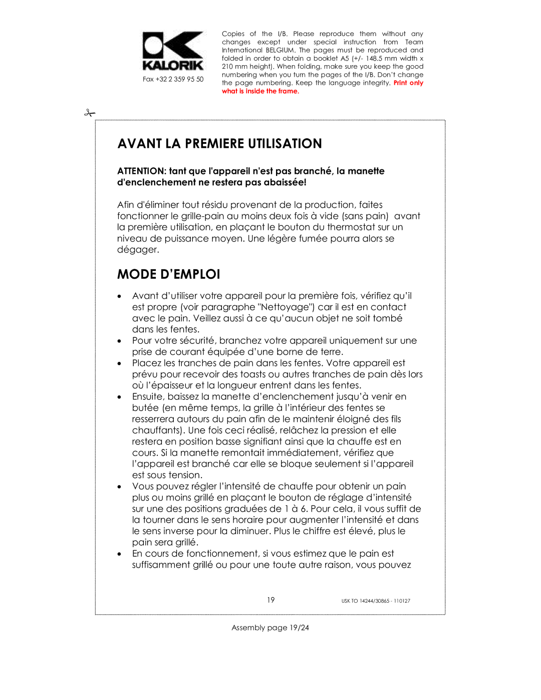 Kalorik 14244, 30865, 35481 manual Avant LA Premiere Utilisation, Mode D’EMPLOI, Assembly page 19/24 