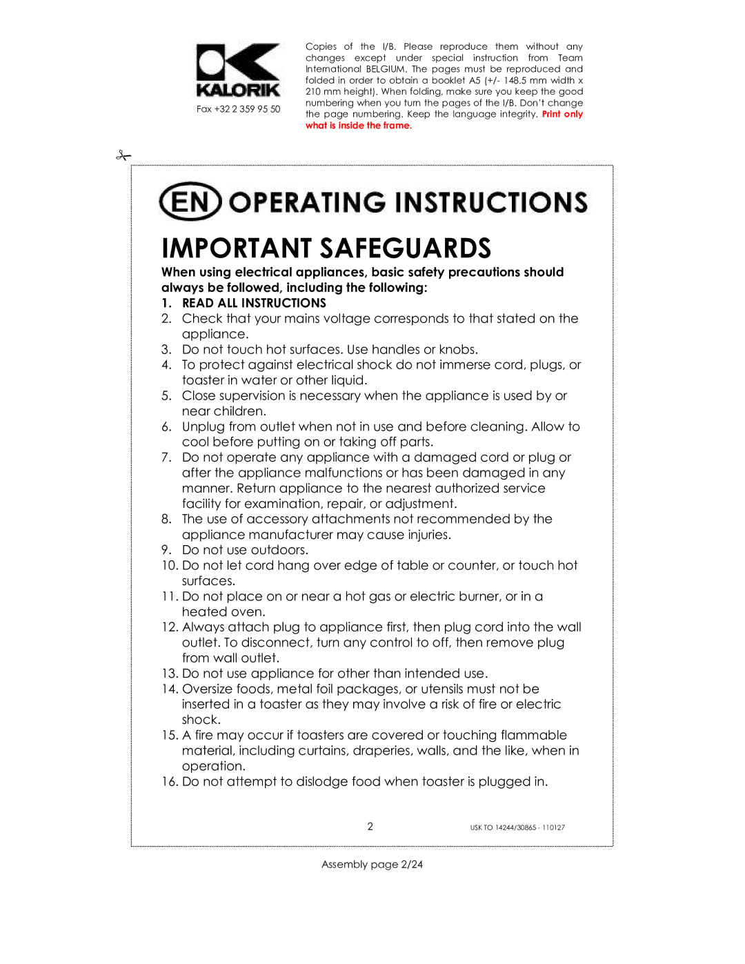 Kalorik 35481, 30865, 14244 manual Important Safeguards, Assembly page 2/24 