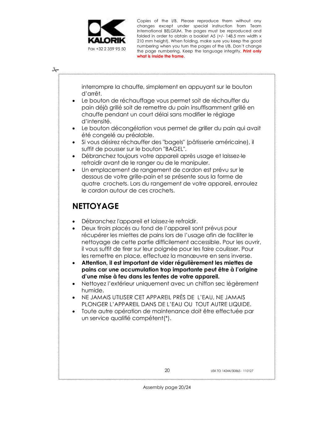 Kalorik 35481, 30865, 14244 manual Nettoyage, Assembly page 20/24 