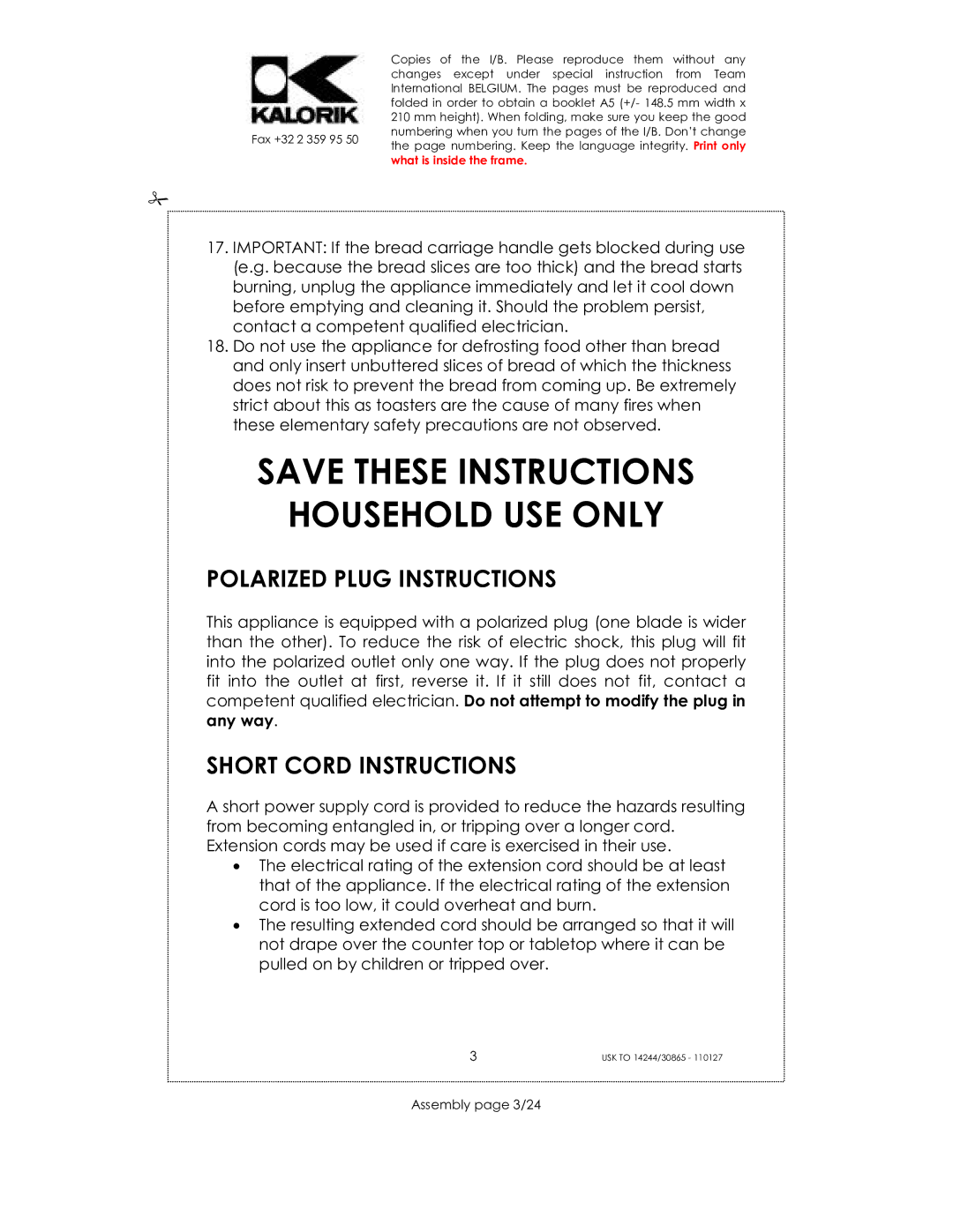 Kalorik 30865, 14244, 35481 Household USE only, Polarized Plug Instructions, Short Cord Instructions, Assembly page 3/24 