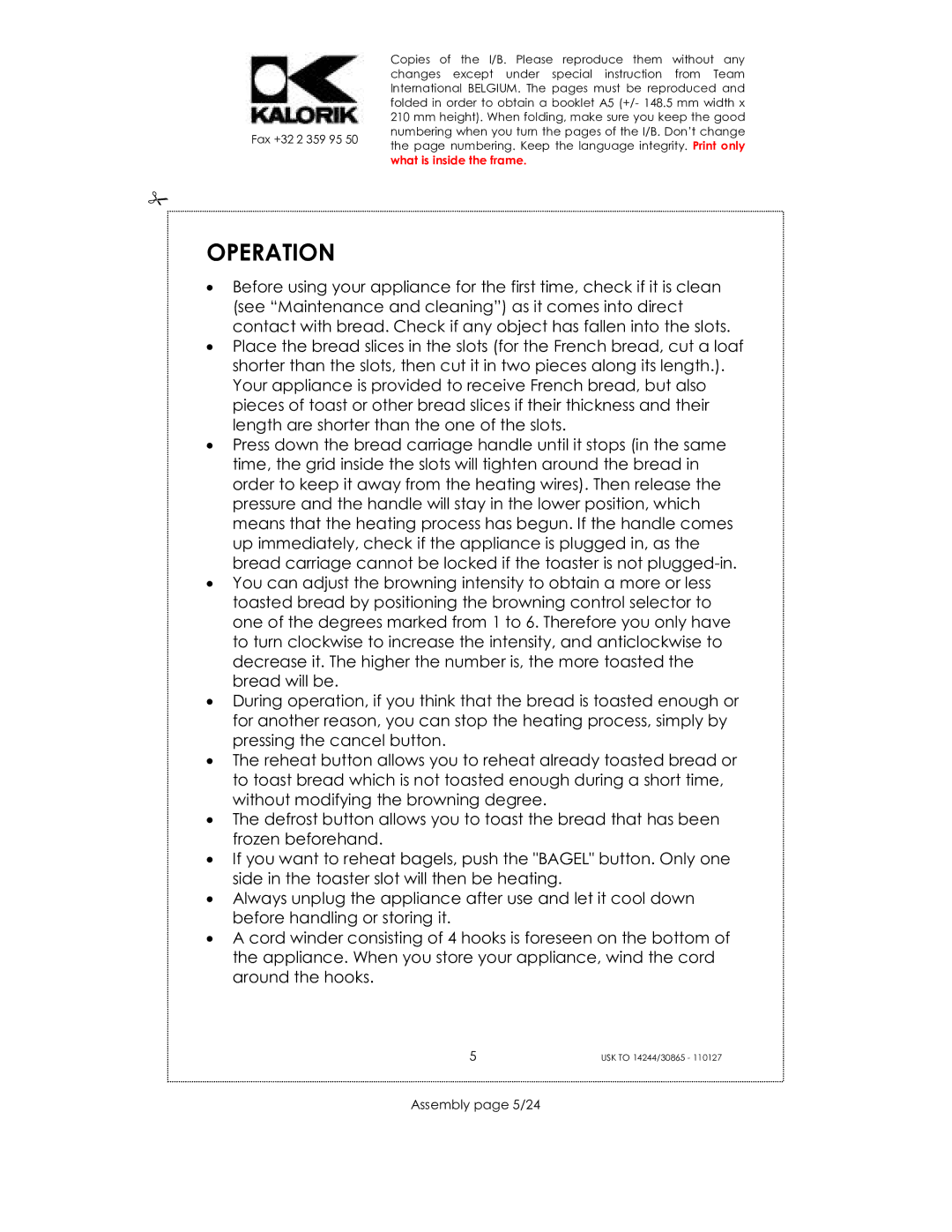 Kalorik 35481, 30865, 14244 manual Operation, Assembly page 5/24 