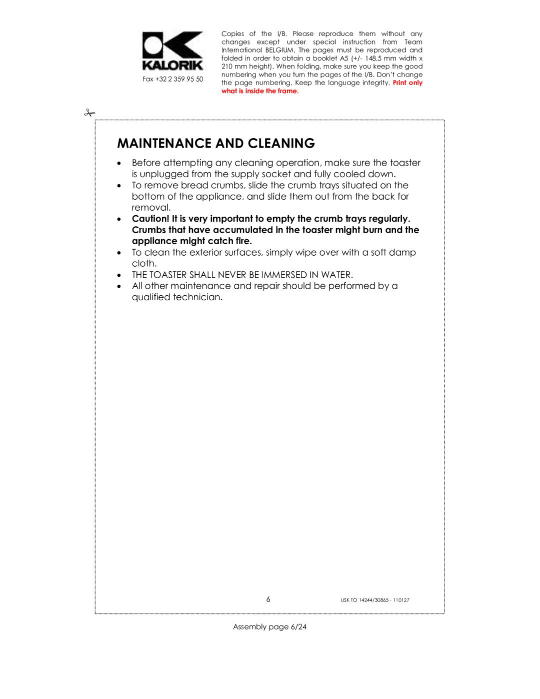 Kalorik 30865, 14244, 35481 manual Maintenance and Cleaning, Assembly page 6/24 