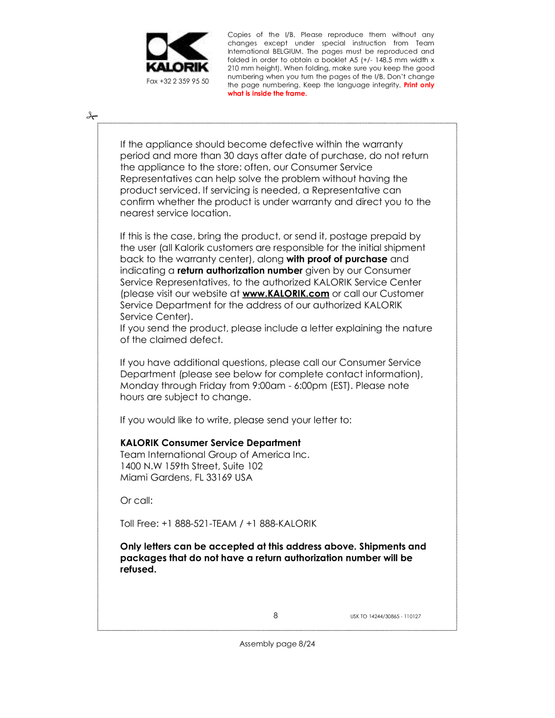 Kalorik 35481, 30865, 14244 manual Kalorik Consumer Service Department, Assembly page 8/24 