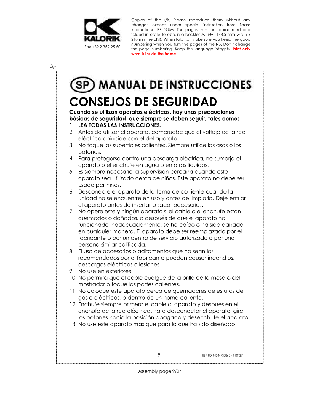 Kalorik 30865, 14244, 35481 manual Consejos DE Seguridad, Assembly page 9/24 