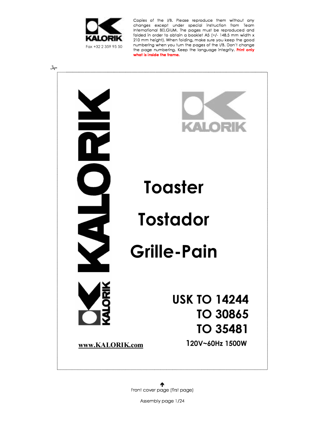 Kalorik 14244 manual Toaster Tostador Grille-Pain, Usk To, 120V~60Hz 1500W, Front cover page first page Assembly page 1/24 