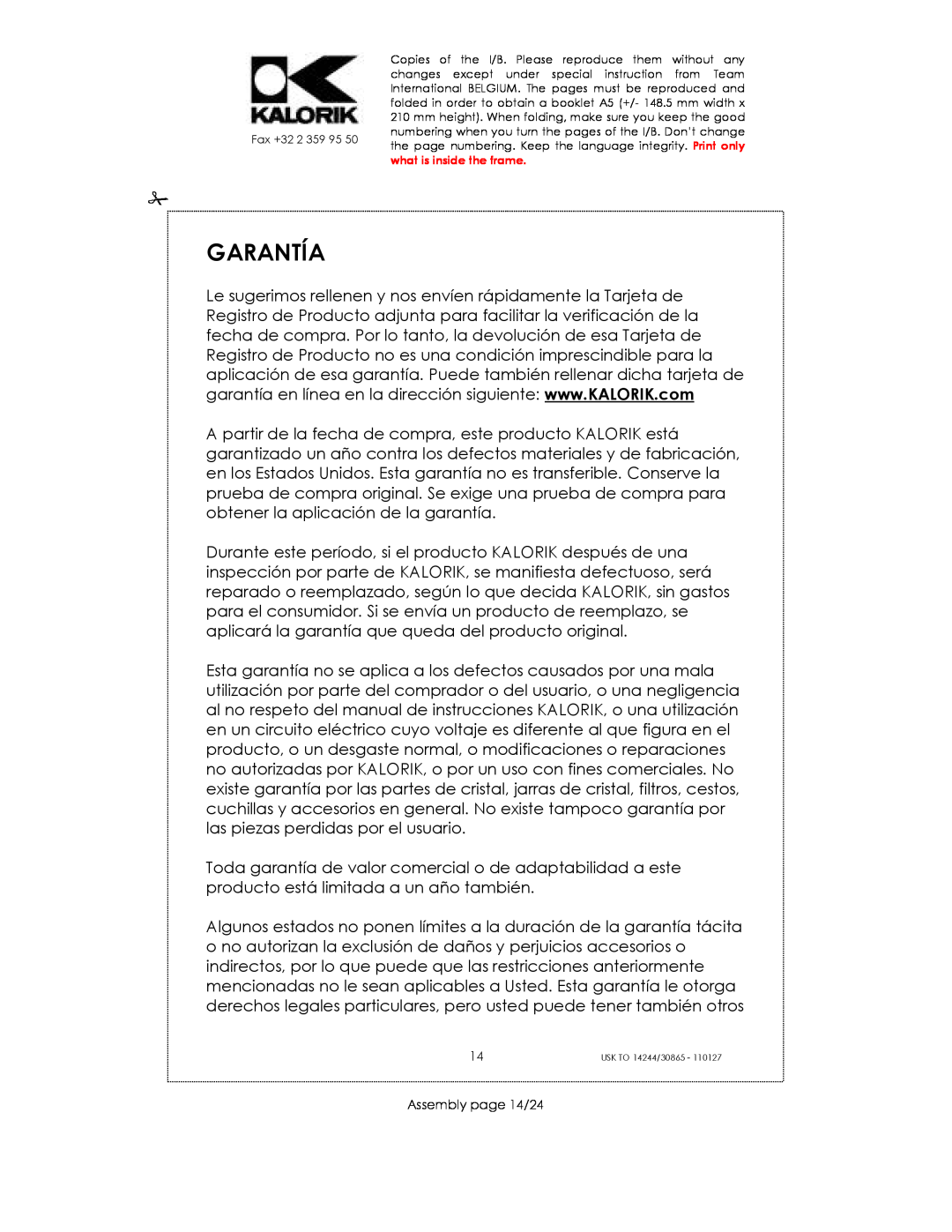 Kalorik 35481, 30865, 14244 manual Garantía, Assembly page 14/24 
