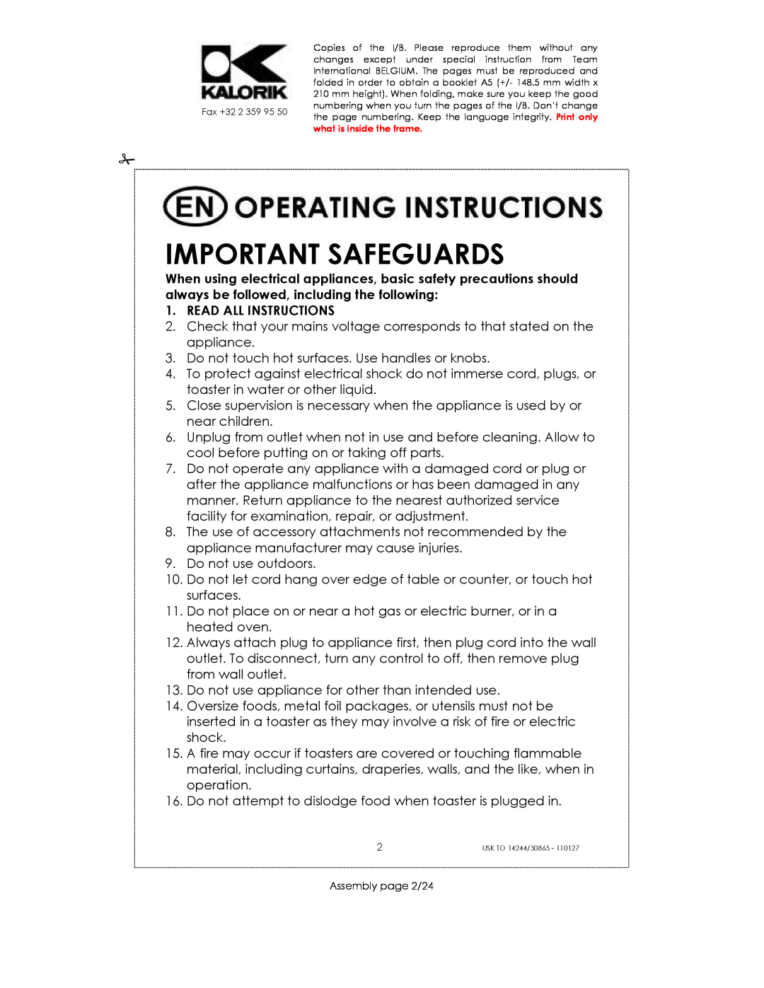 Kalorik 35481, 30865, 14244 manual Important Safeguards, Read All Instructions 