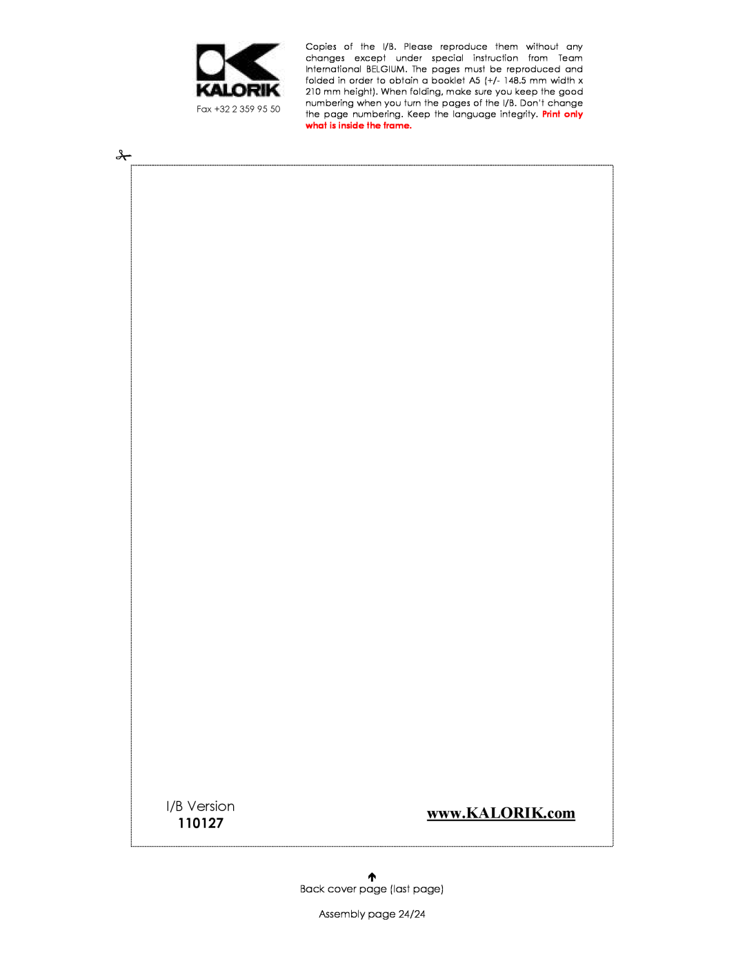 Kalorik 30865, 14244, 35481 manual I/B Version, 110127, Back cover page last page Assembly page 24/24 