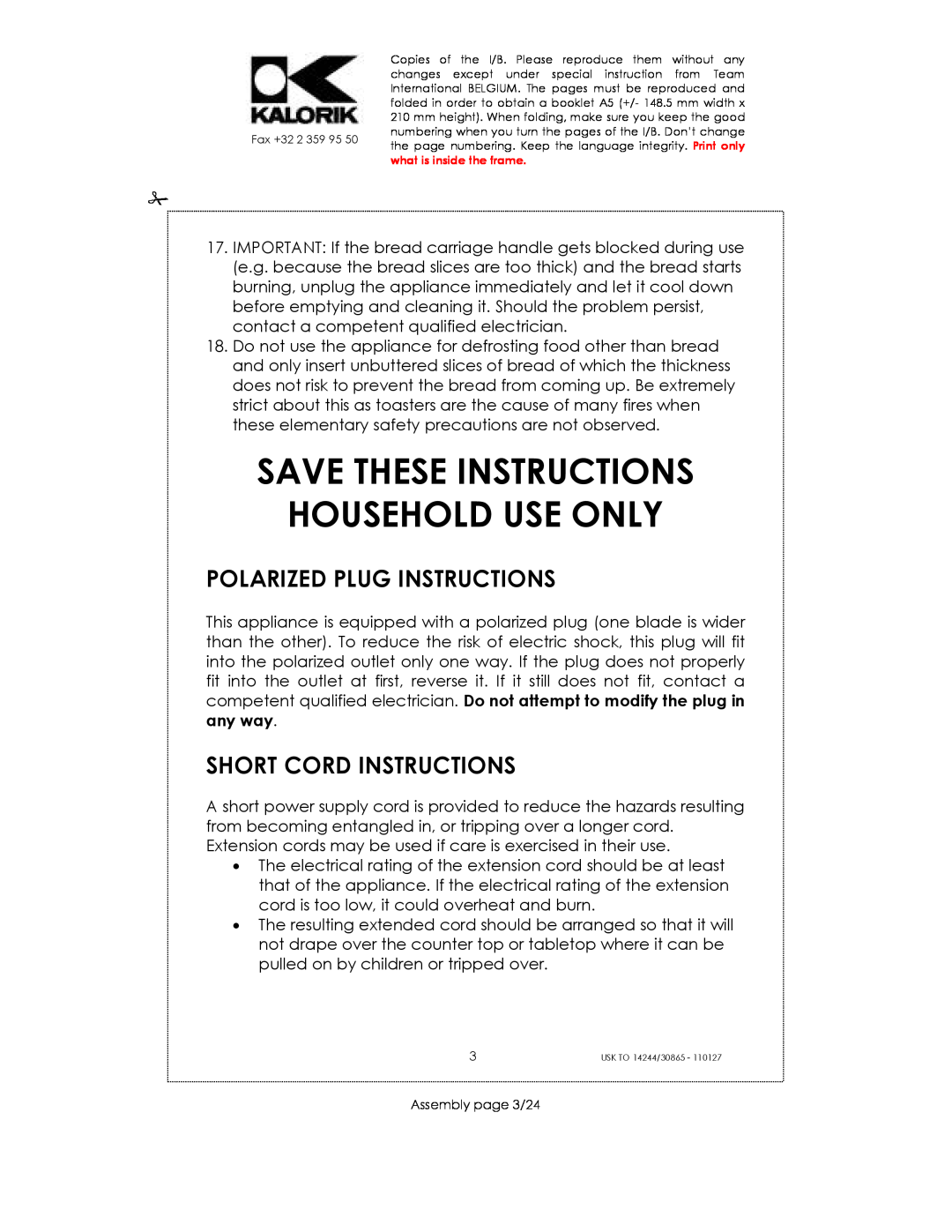 Kalorik 30865, 14244 manual Save These Instructions Household Use Only, Polarized Plug Instructions, Short Cord Instructions 