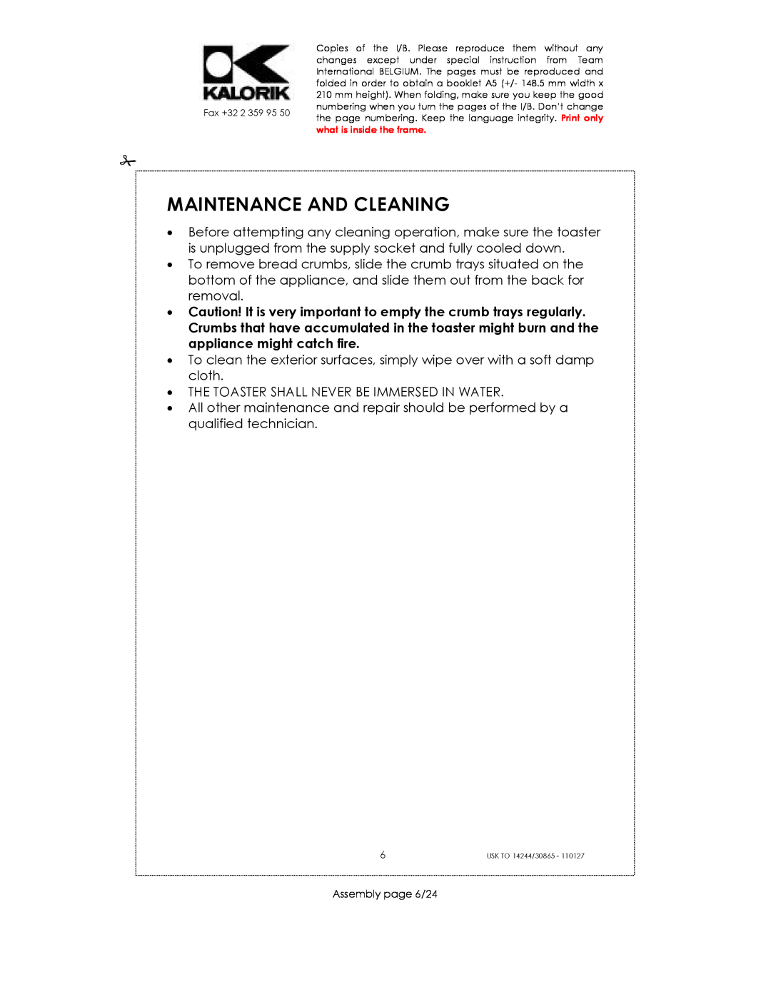 Kalorik 30865, 14244, 35481 manual Maintenance And Cleaning 