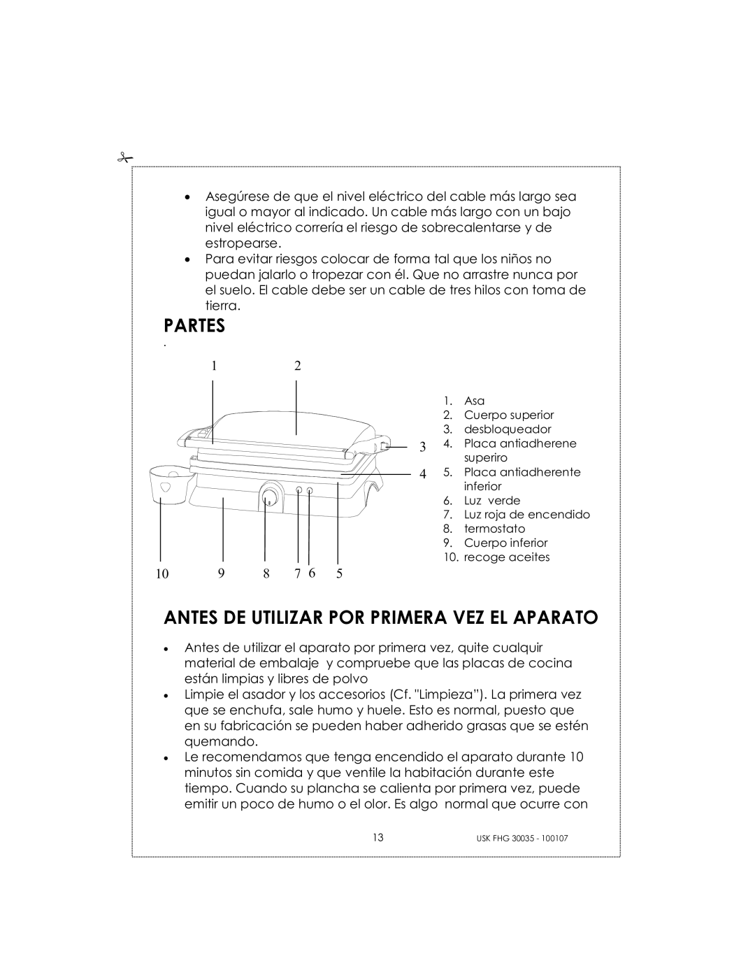 Kalorik 30035, 31025 manual Partes, Antes DE Utilizar POR Primera VEZ EL Aparato 