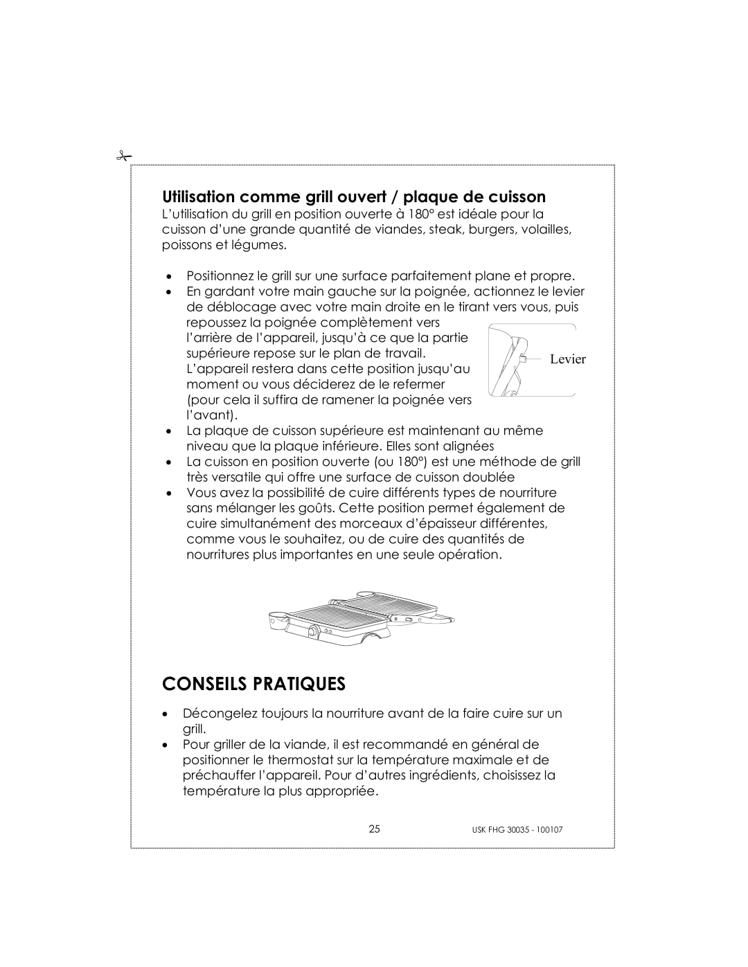 Kalorik 30035, 31025 manual Conseils Pratiques, Utilisation comme grill ouvert / plaque de cuisson 