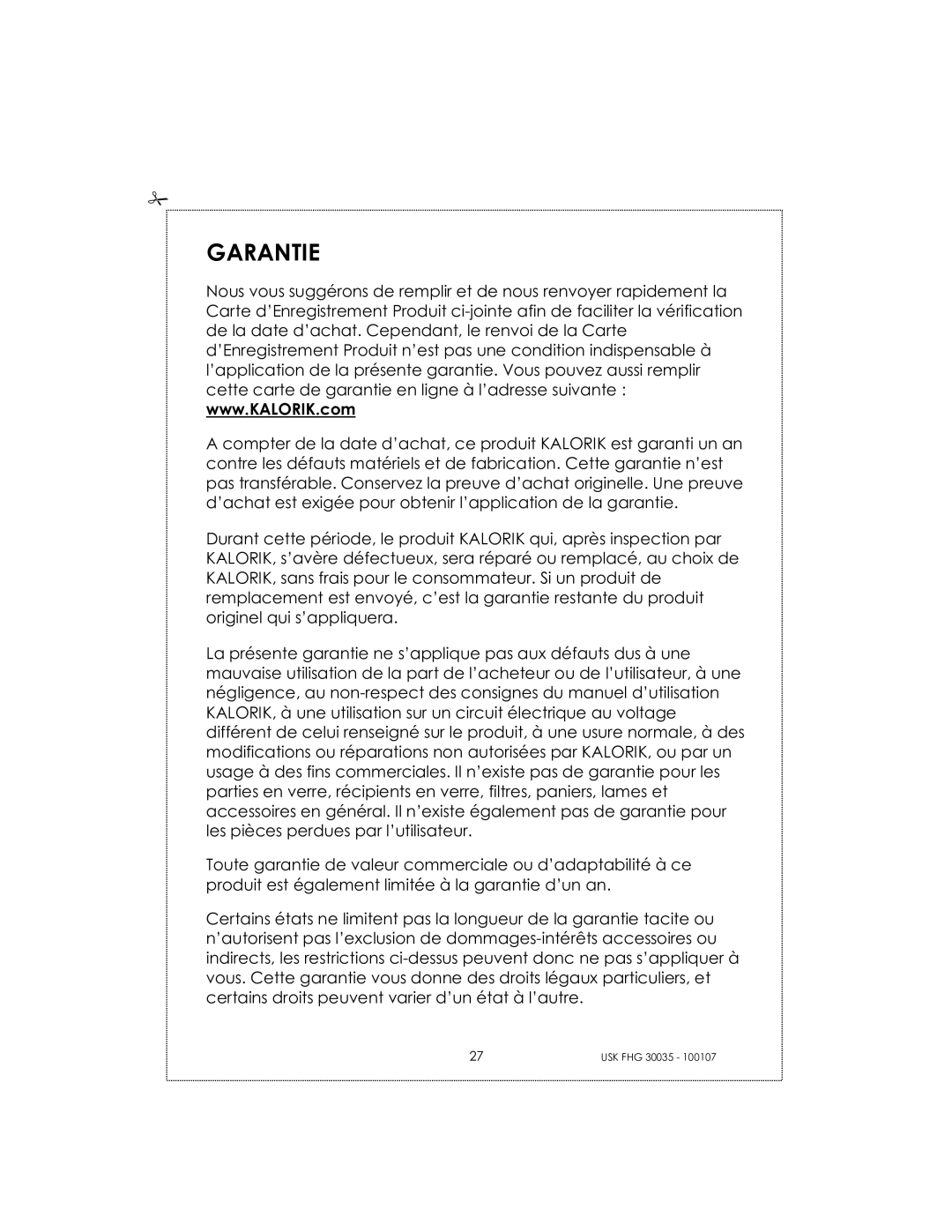 Kalorik 30035, 31025 manual Garantie 