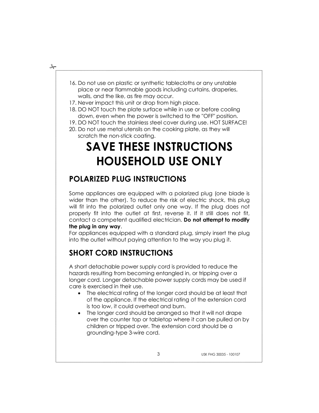 Kalorik 30035, 31025 manual Household USE only, Polarized Plug Instructions, Short Cord Instructions 
