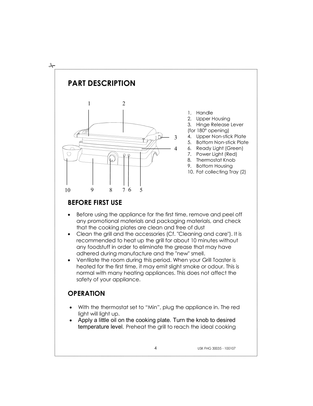 Kalorik 31025, 30035 manual Part Description, Before First USE 