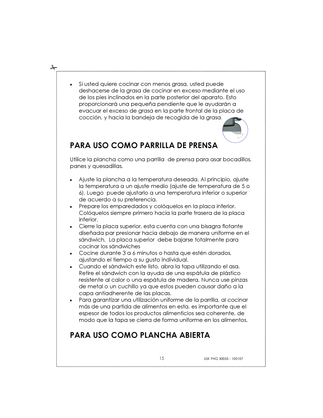 Kalorik 30035, 31025 manual Para Uso Como Parrilla De Prensa, Para Uso Como Plancha Abierta 