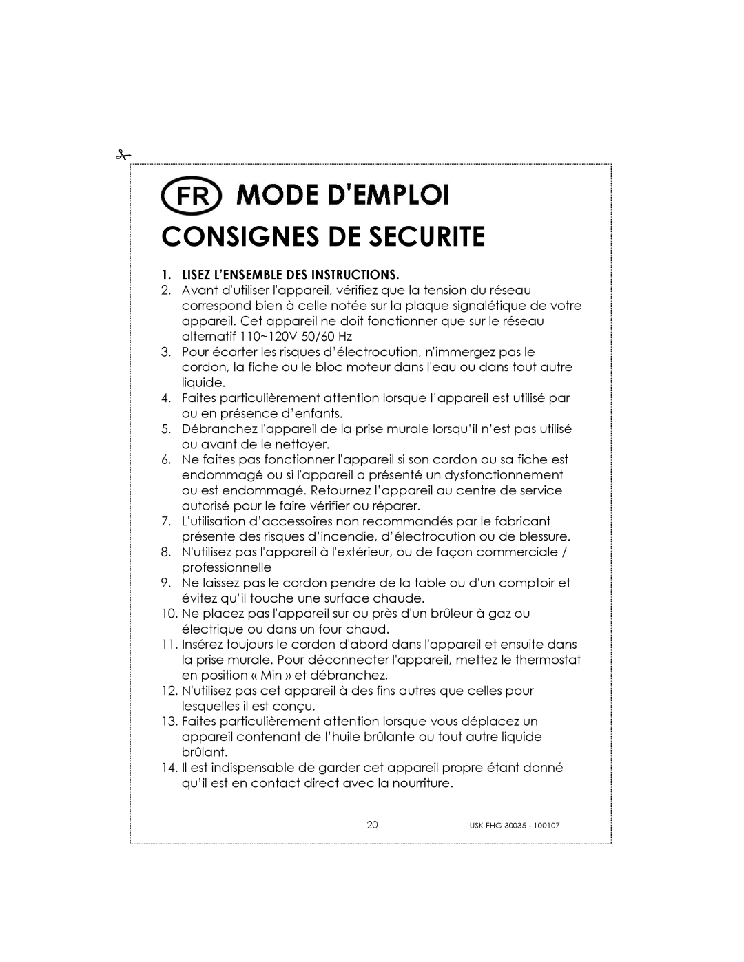 Kalorik 31025, 30035 manual Consignes De Securite 