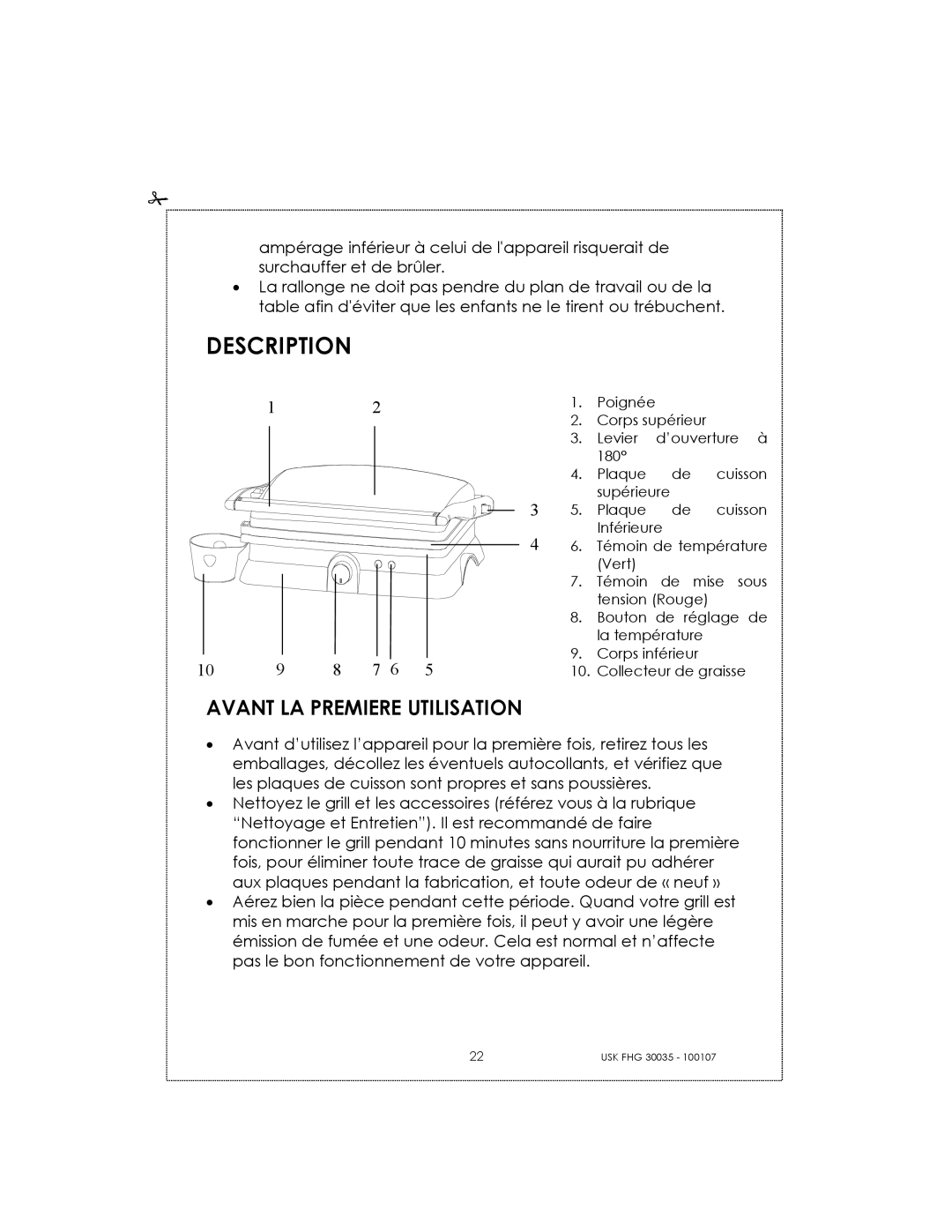 Kalorik 31025, 30035 manual Description, Avant La Premiere Utilisation 