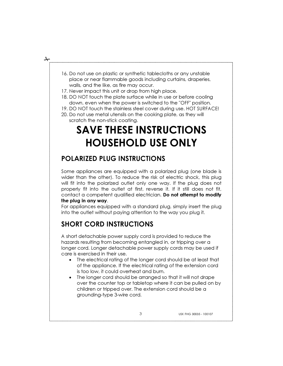 Kalorik 30035, 31025 manual Save These Instructions Household Use Only, Polarized Plug Instructions, Short Cord Instructions 
