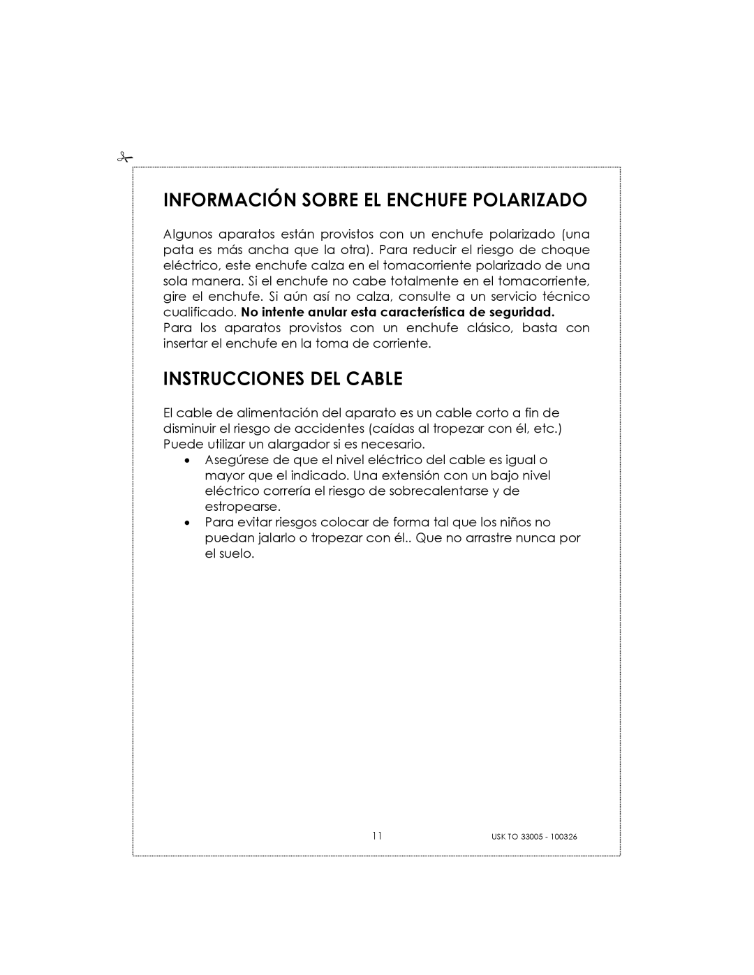 Kalorik 33005 manual Información Sobre EL Enchufe Polarizado, Instrucciones DEL Cable 