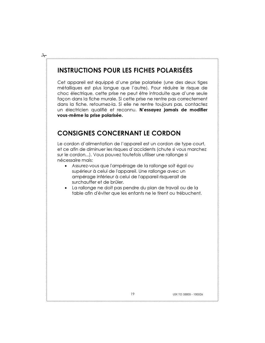 Kalorik 33005 manual Instructions Pour LES Fiches Polarisées, Consignes Concernant LE Cordon 