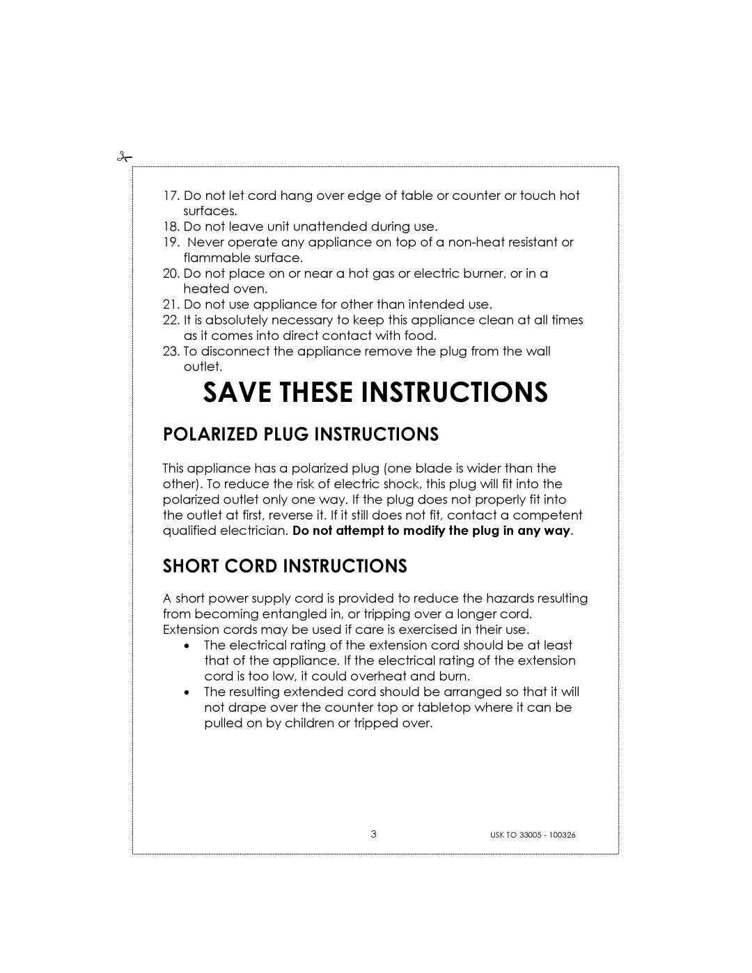 Kalorik 33005 manual Polarized Plug Instructions, Short Cord Instructions 