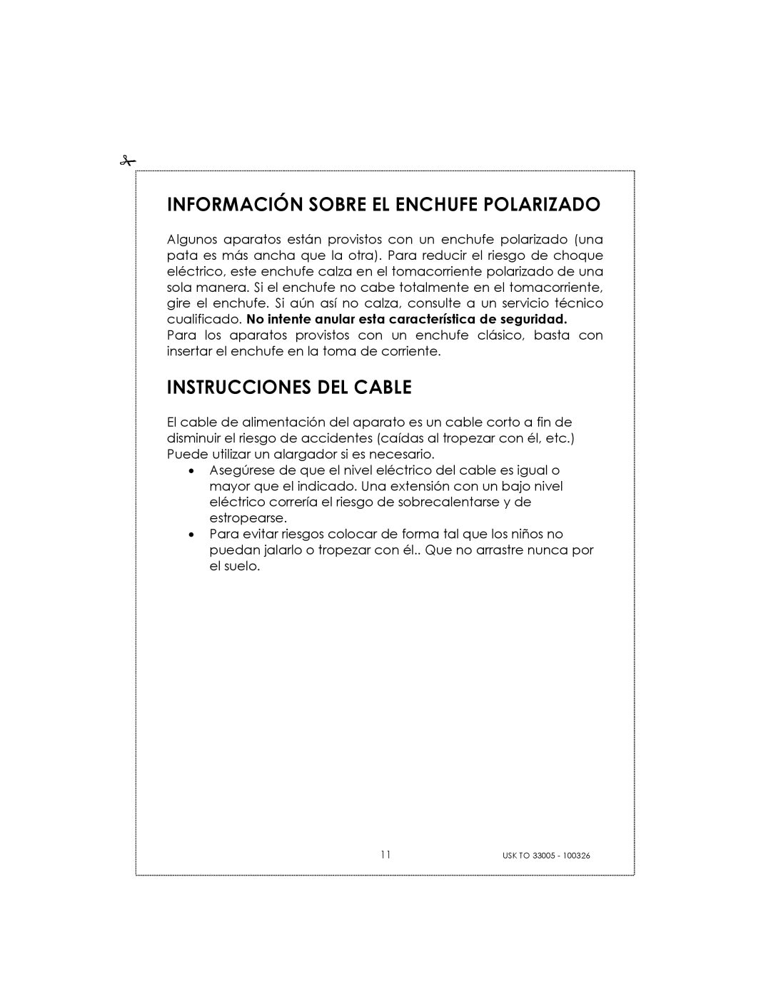 Kalorik 33005 manual Información Sobre El Enchufe Polarizado, Instrucciones Del Cable 