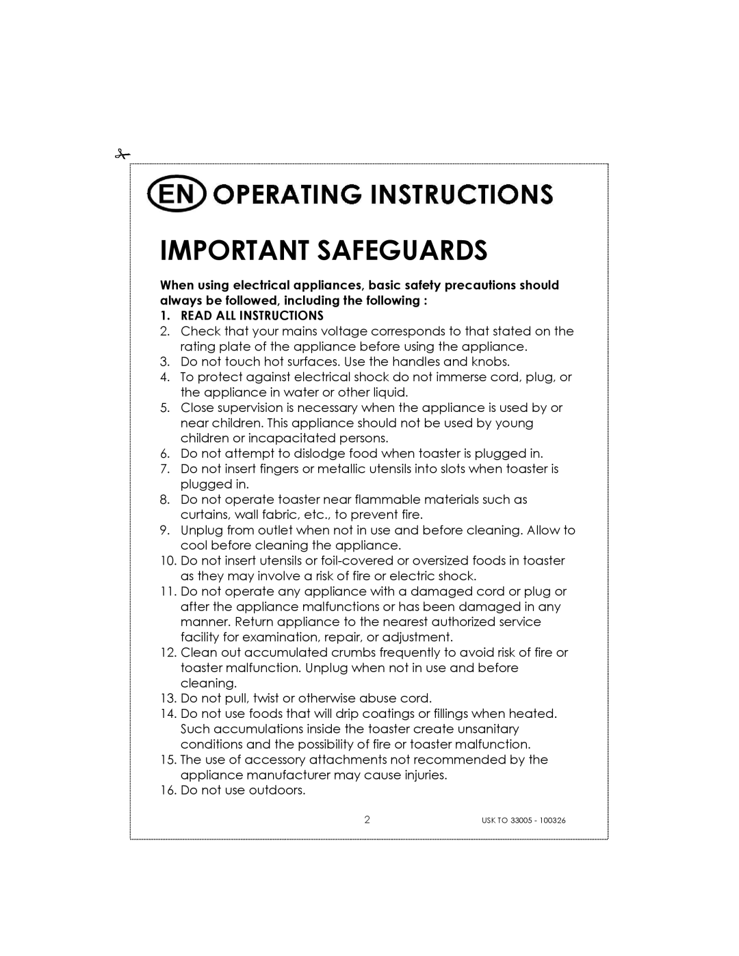 Kalorik 33005 manual Important Safeguards 