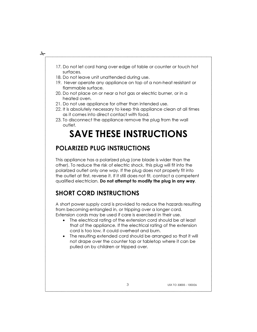 Kalorik 33005 manual Save These Instructions, Polarized Plug Instructions, Short Cord Instructions 