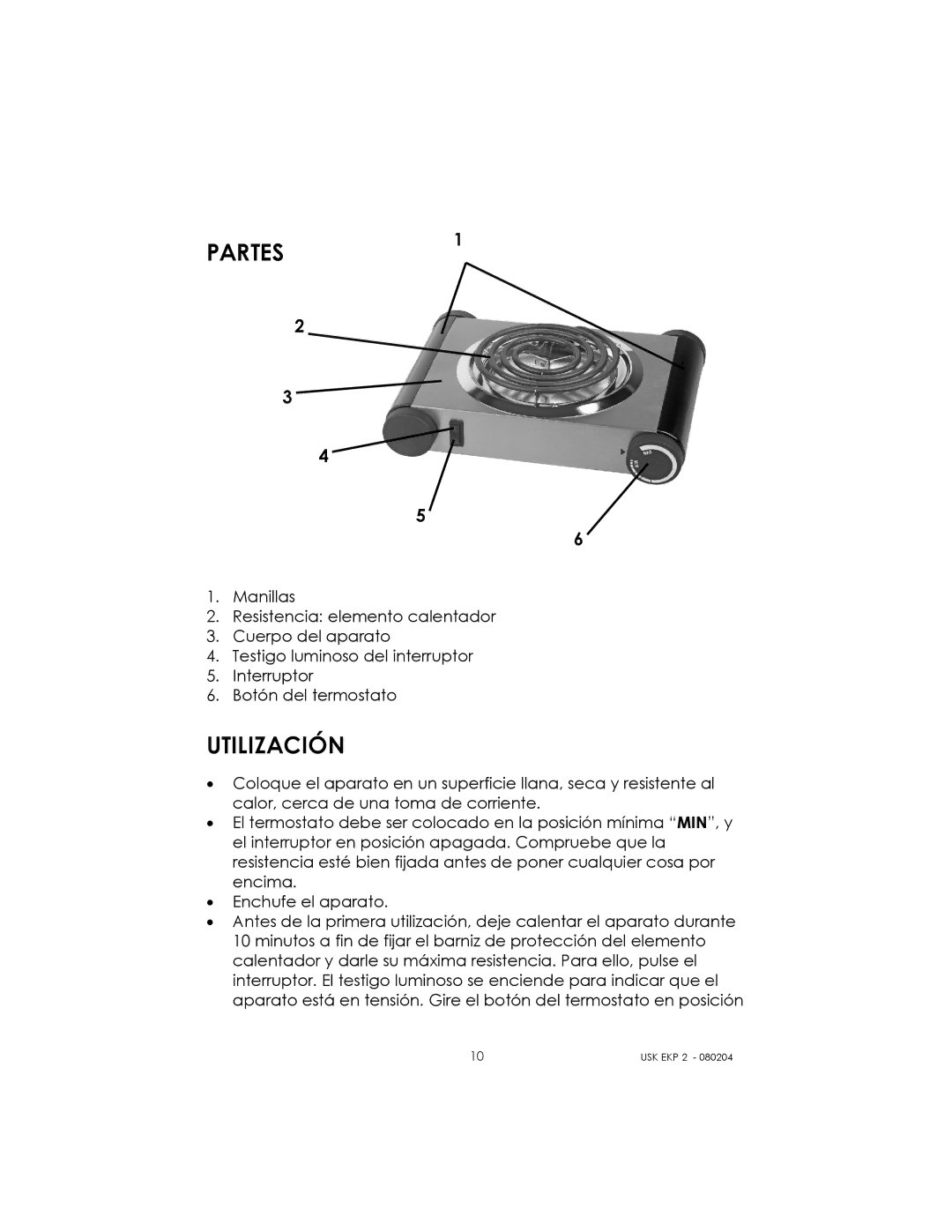 Kalorik 80204 manual Partes, Utilización 