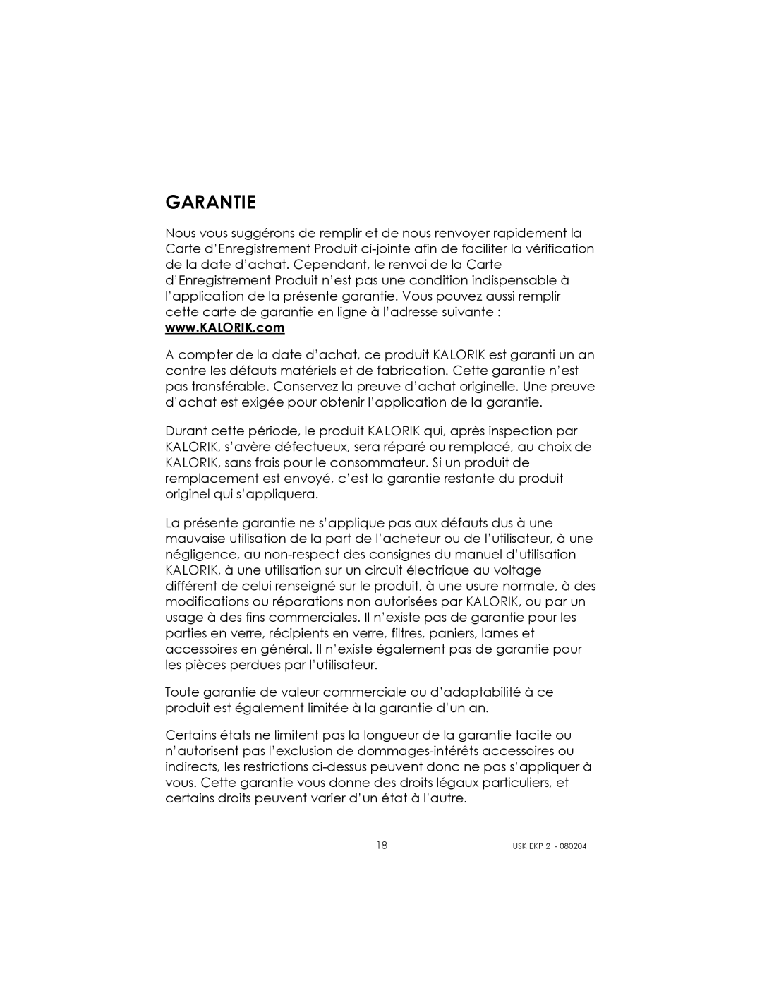 Kalorik 80204 manual Garantie 