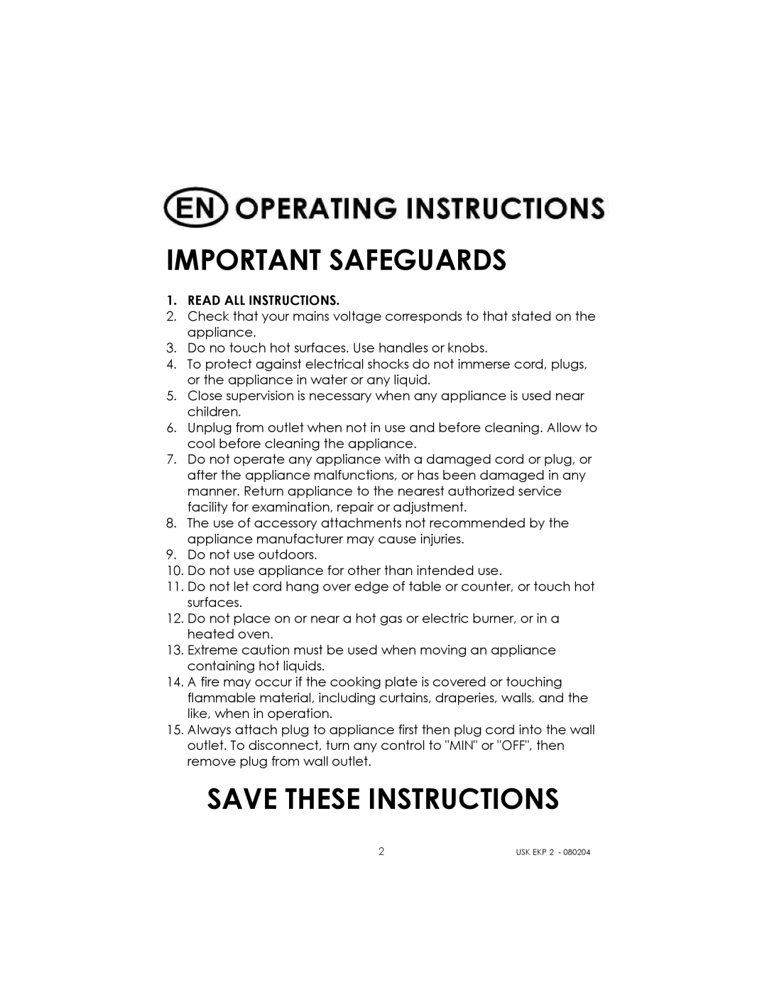 Kalorik 80204 manual Important Safeguards, Read ALL Instructions 