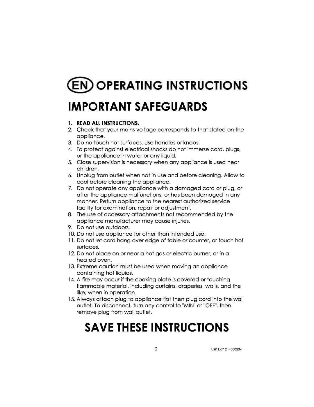Kalorik 80204 manual Important Safeguards, Save These Instructions 