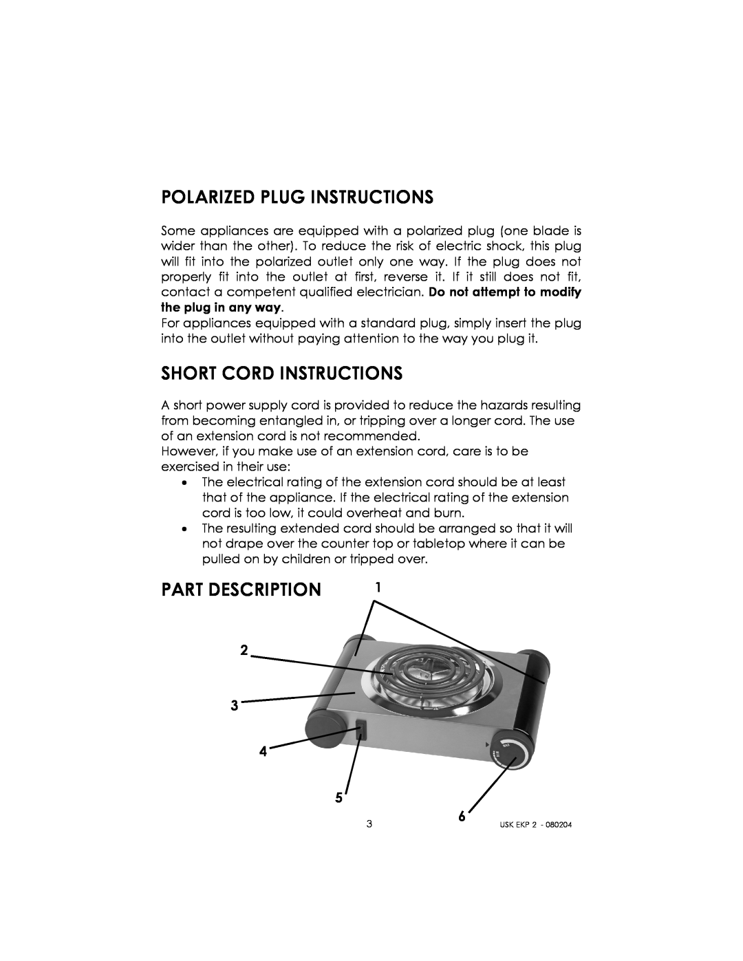 Kalorik 80204 manual Polarized Plug Instructions, Short Cord Instructions, Part Description 