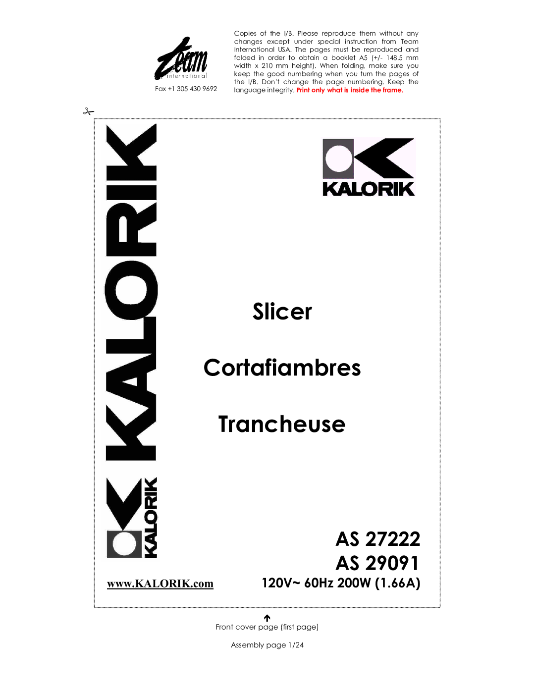 Kalorik AS 27222, AS 29091 manual Slicer Cortafiambres Trancheuse, Front cover page first Assembly page 1/24 