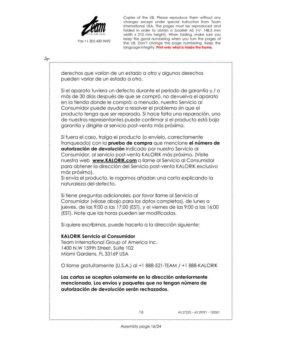 Kalorik AS 29091, AS 27222 manual Kalorik Servicio al Consumidor, Assembly page 16/24 