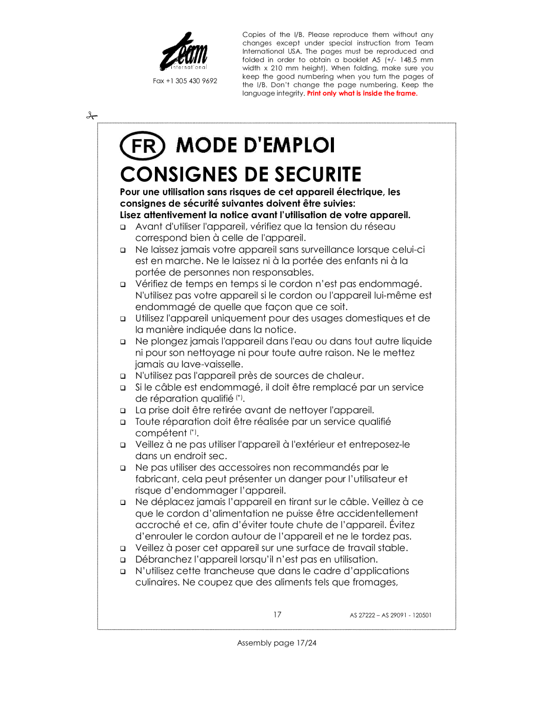 Kalorik AS 27222, AS 29091 manual Consignes DE Securite, Assembly page 17/24 