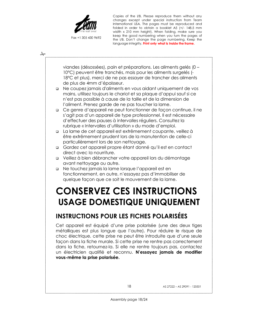 Kalorik AS 29091, AS 27222 manual Conservez CES Instructions, Instructions Pour LES Fiches Polarisées, Assembly page 18/24 