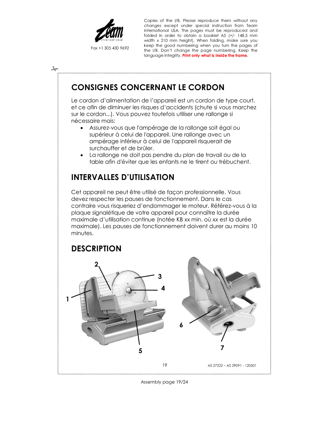 Kalorik AS 27222, AS 29091 Consignes Concernant LE Cordon, Intervalles D’UTILISATION, Description, Assembly page 19/24 