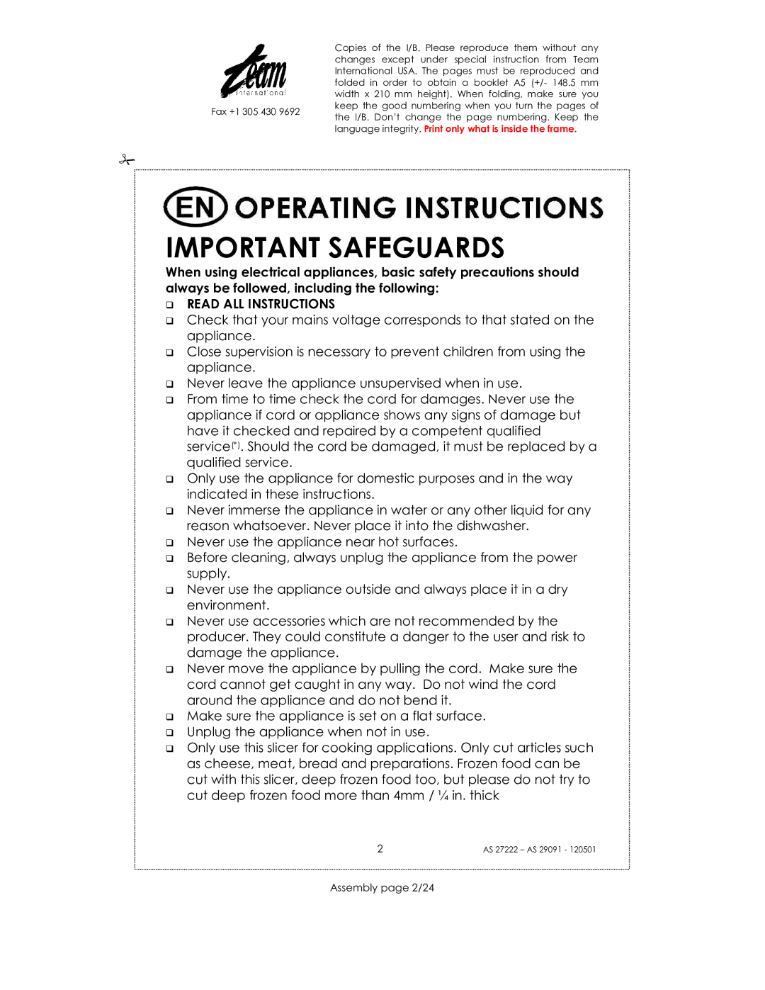 Kalorik AS 29091, AS 27222 manual Important Safeguards, Assembly page 2/24 