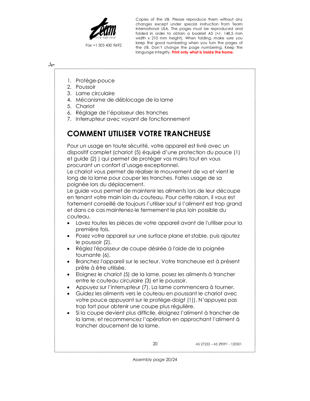 Kalorik AS 29091, AS 27222 manual Comment Utiliser Votre Trancheuse, Assembly page 20/24 