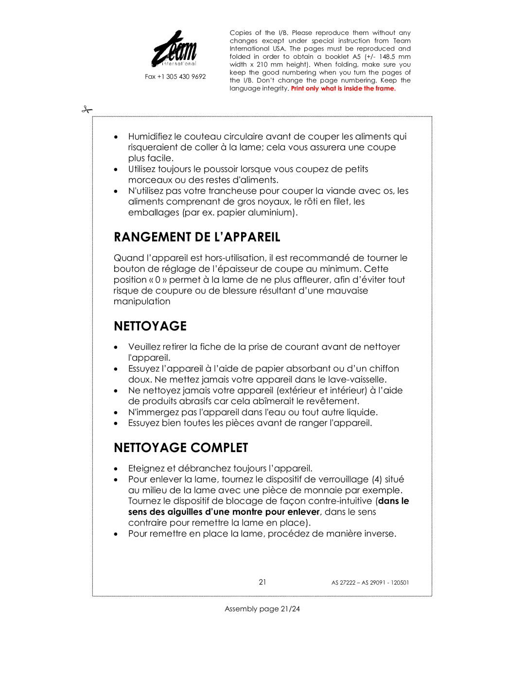 Kalorik AS 27222, AS 29091 manual Rangement DE L’APPAREIL, Nettoyage Complet, Assembly page 21/24 