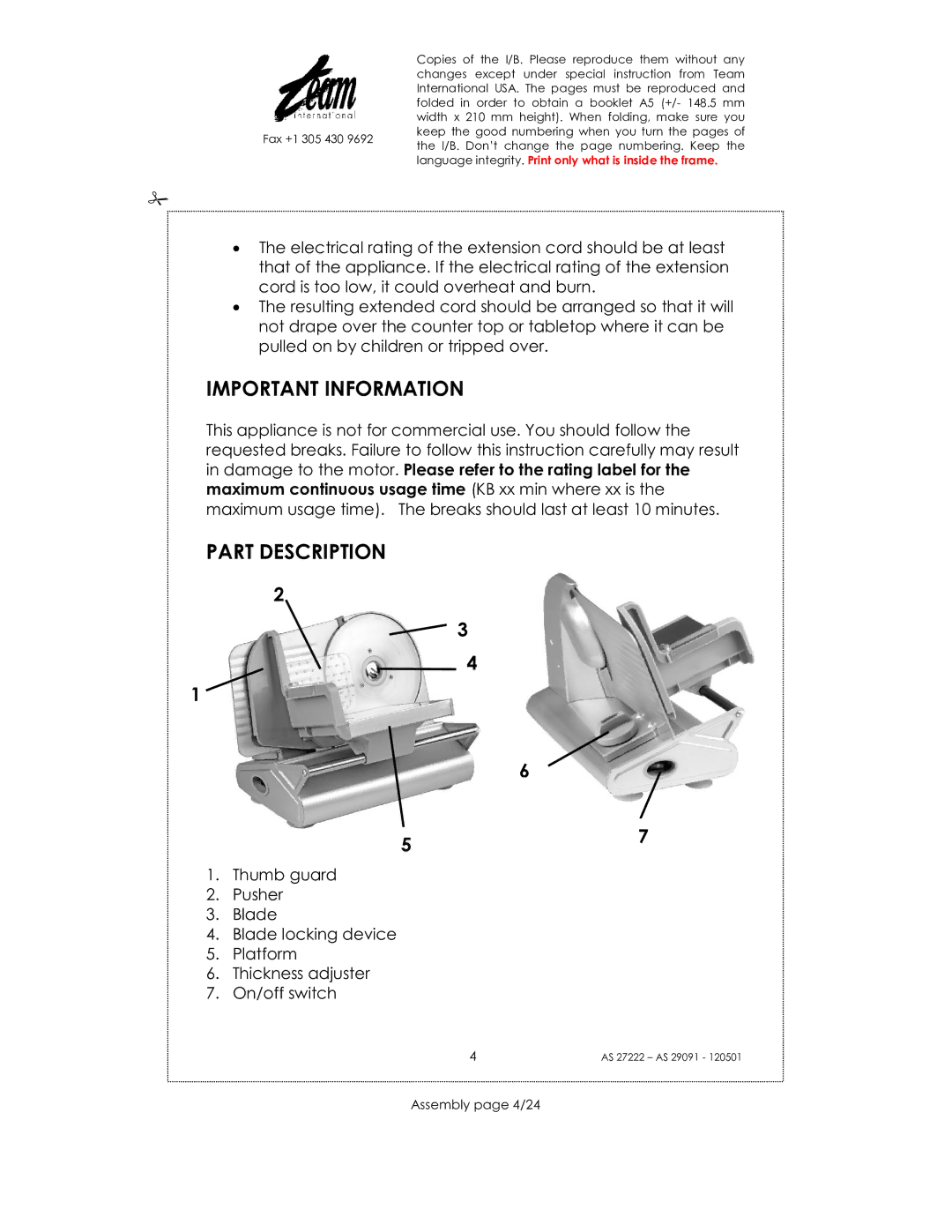 Kalorik AS 29091, AS 27222 manual Important Information, Part Description, Assembly page 4/24 