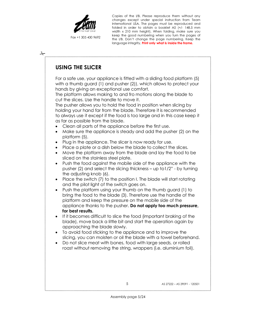 Kalorik AS 27222, AS 29091 manual Using the Slicer, Assembly page 5/24 