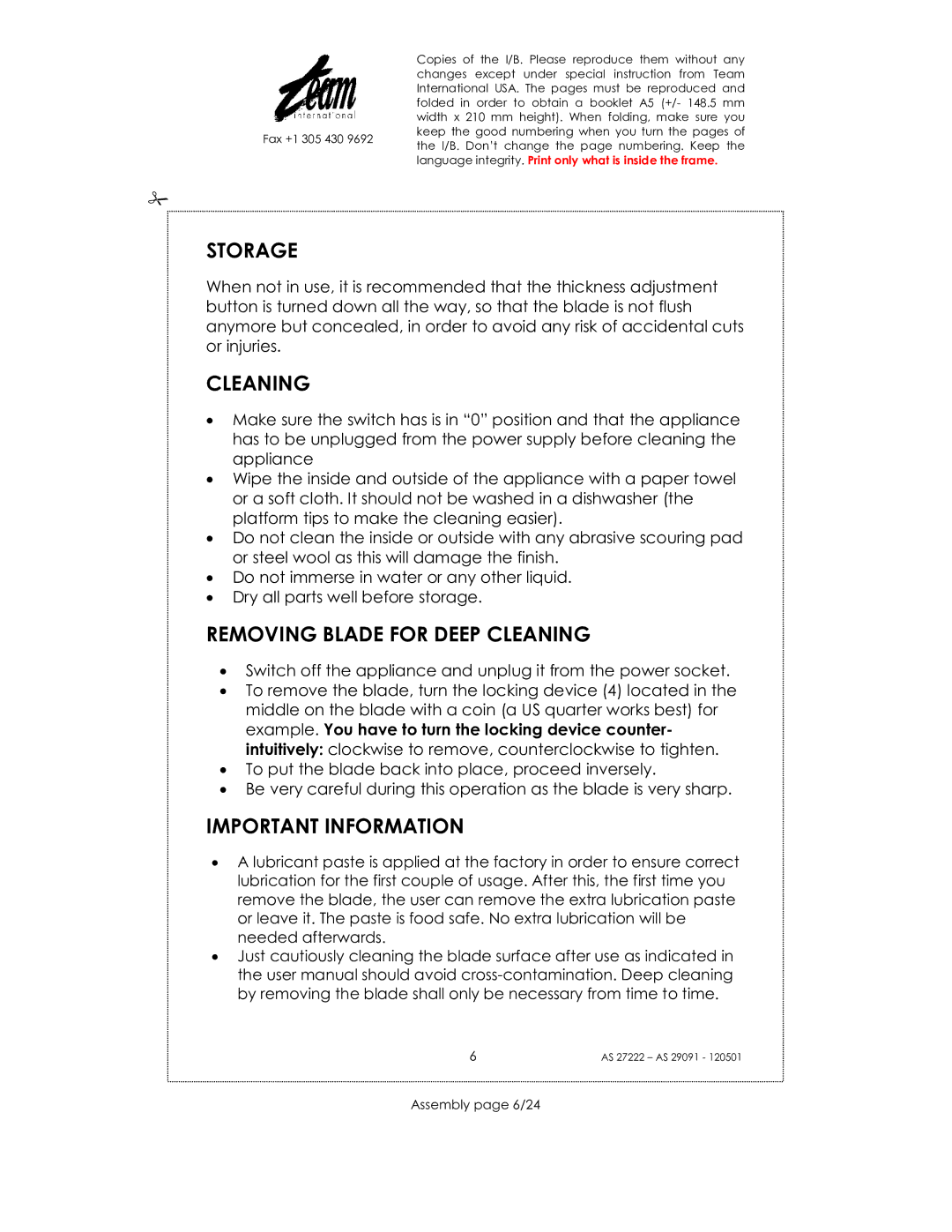 Kalorik AS 29091, AS 27222 manual Storage, Removing Blade for Deep Cleaning, Assembly page 6/24 