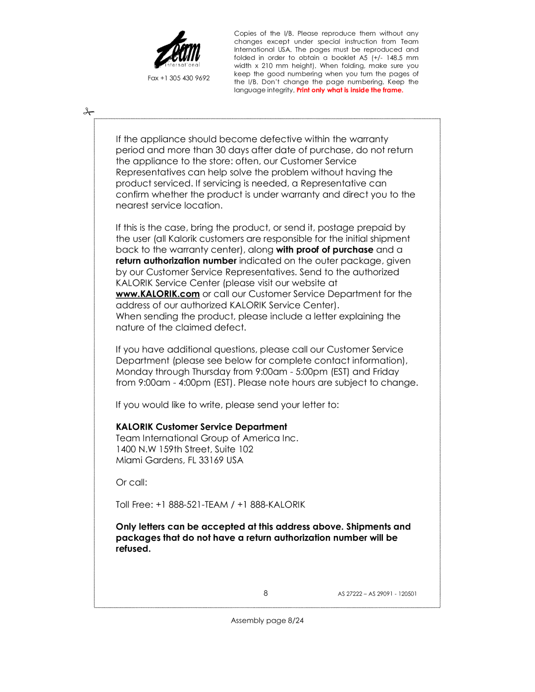 Kalorik AS 29091, AS 27222 manual Kalorik Customer Service Department, Assembly page 8/24 